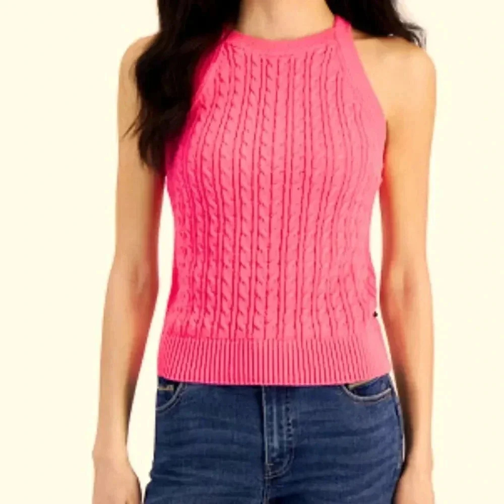 Nautica Newport Beach 100% Cotton Sleeveless Chunky Cable-knit Sweater Pink XL